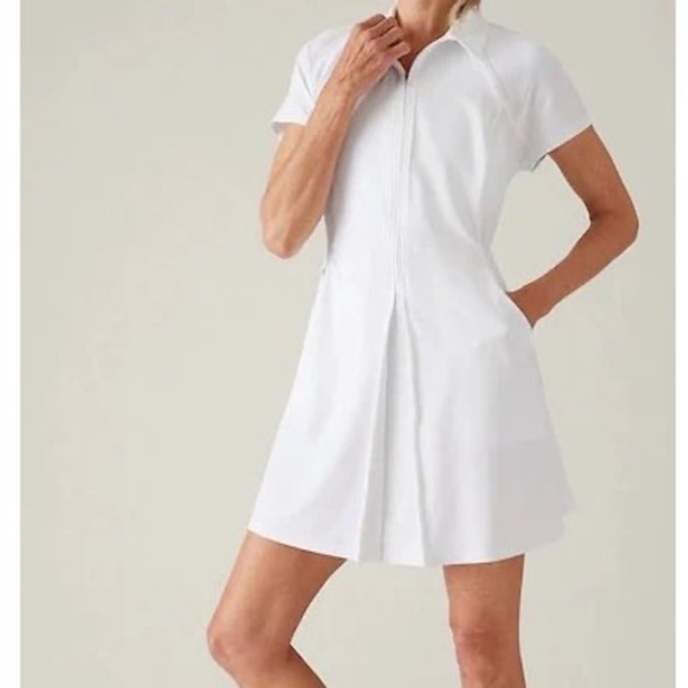 Athleta White Short Sleeve Golf Tennis Active Dress Mock Neck Pockets Large c5